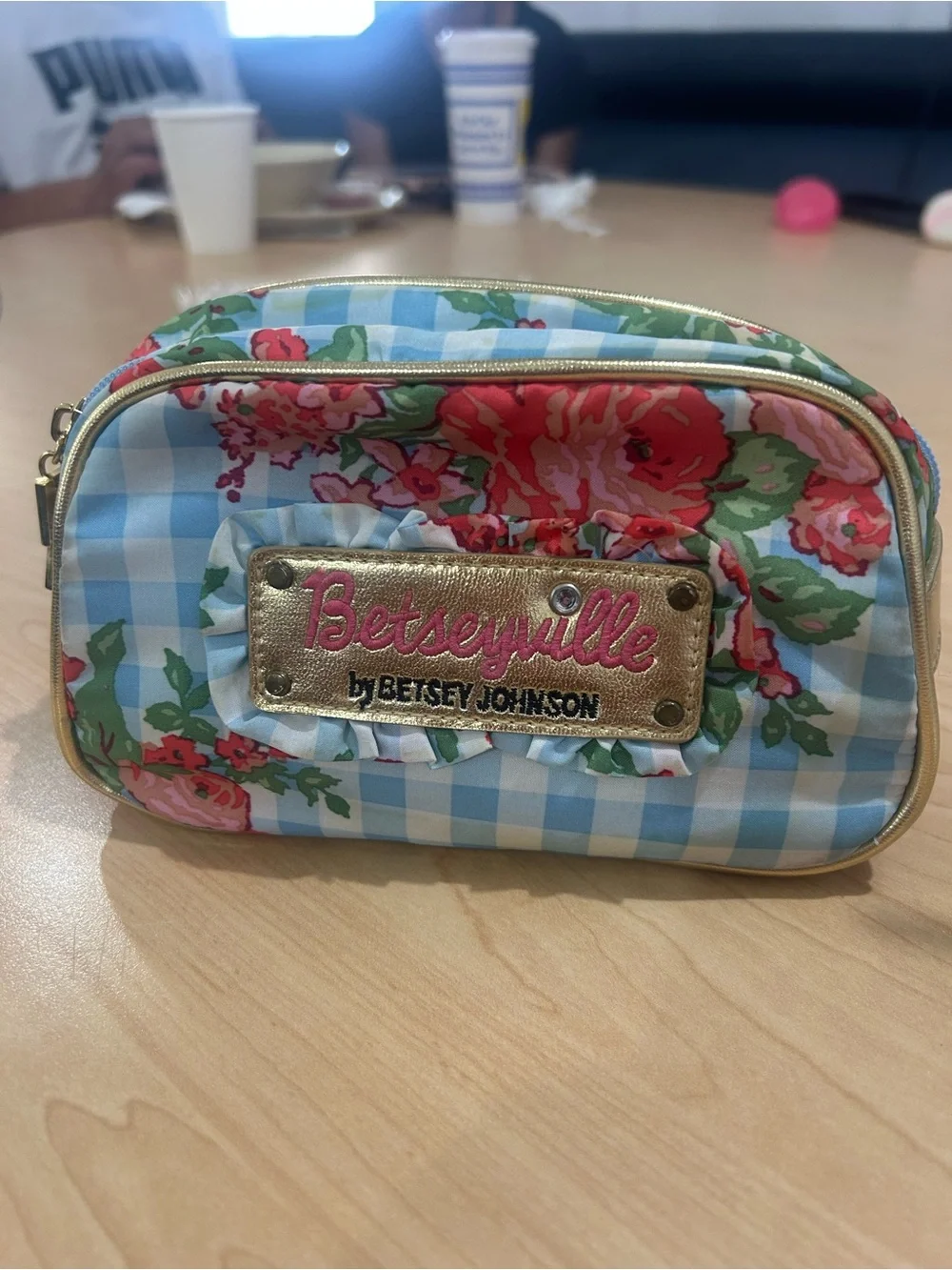 Vintage Betseyville small Floral Gingham Cosmetic Bag - Blue & Pink